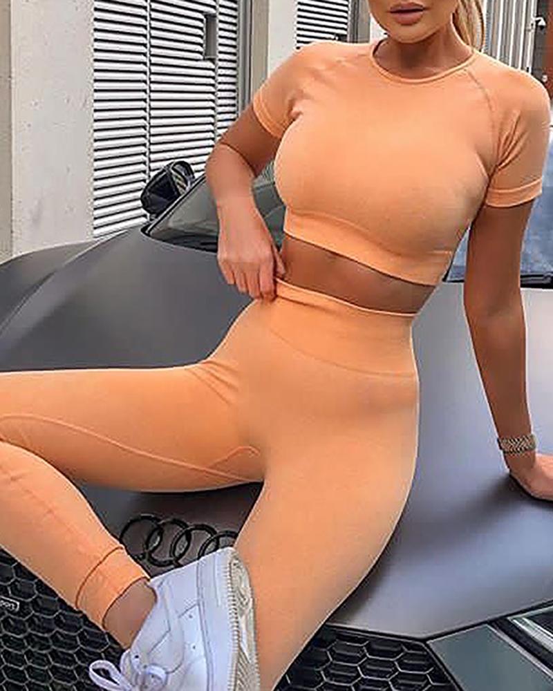 

Knitted Short Sleeve High Waist Sporty Set, Orange