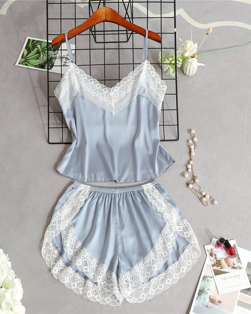

V-neck Lace Trim Cami Sets, Light blue
