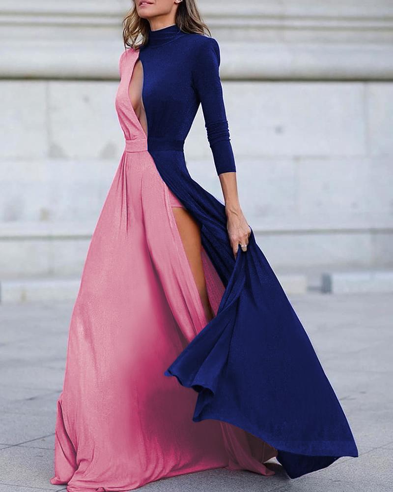 

Colorblock Long Sleeve High Slit Maxi Dress, Dark blue