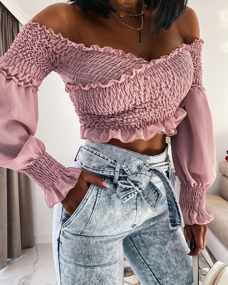 

Off Shoulder Shirring Ruffles Blouse, Purple
