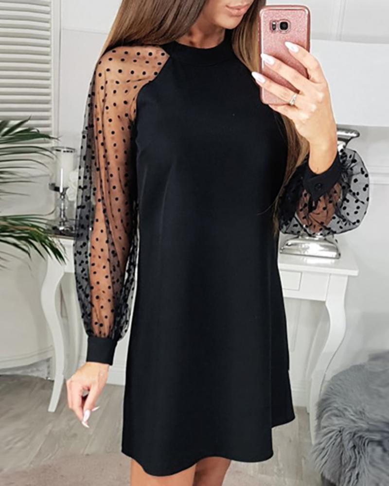 

Solid Mesh Dot Long Sleeve Dress, Black