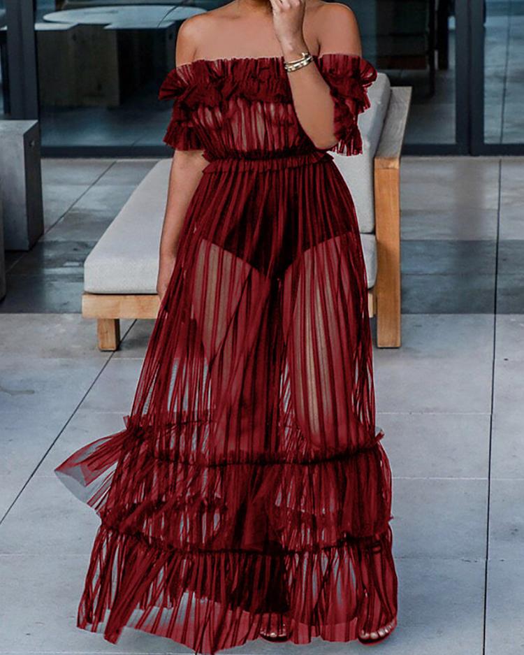 

Off Shoulder Sheer Mesh Maxi Dress, Red