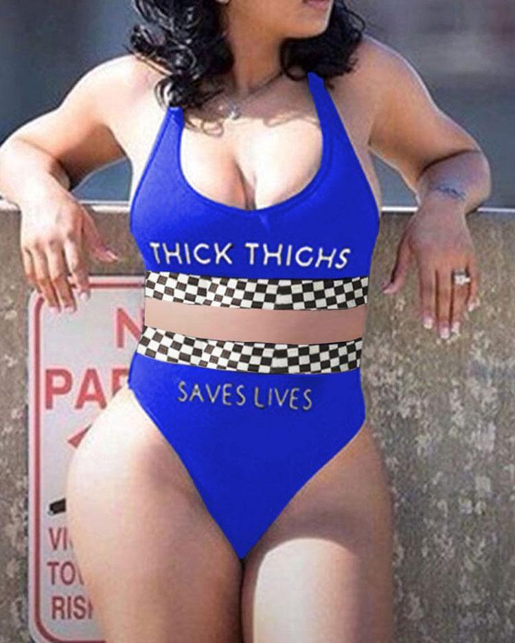 

Oversize Letter Checkerboard Print Bikini Set, Blue