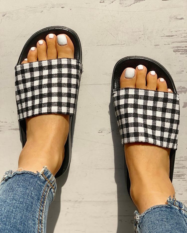 

Plaid Open Toe Flat Sandals, Black
