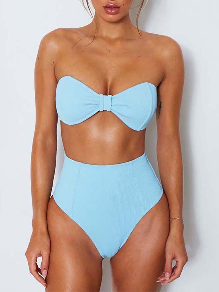 

Sexy Solid Strapless High Waist Bikini Sets, Light blue