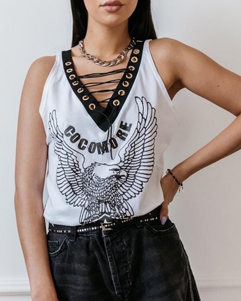 

Eagle Print Lace Up Tank Top, White