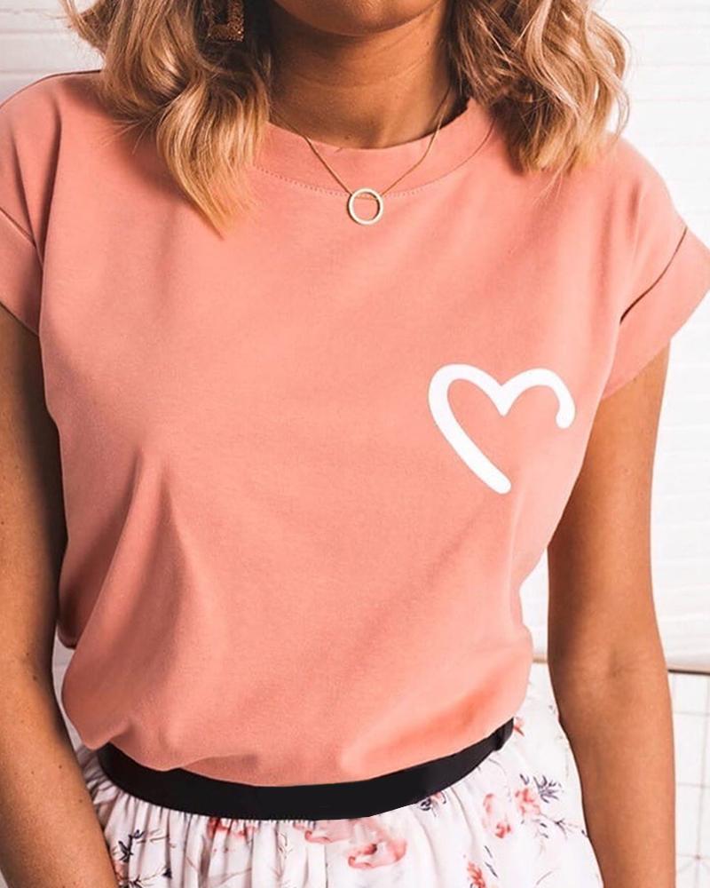 

Round Neck Heart Print T-shirt, Pink