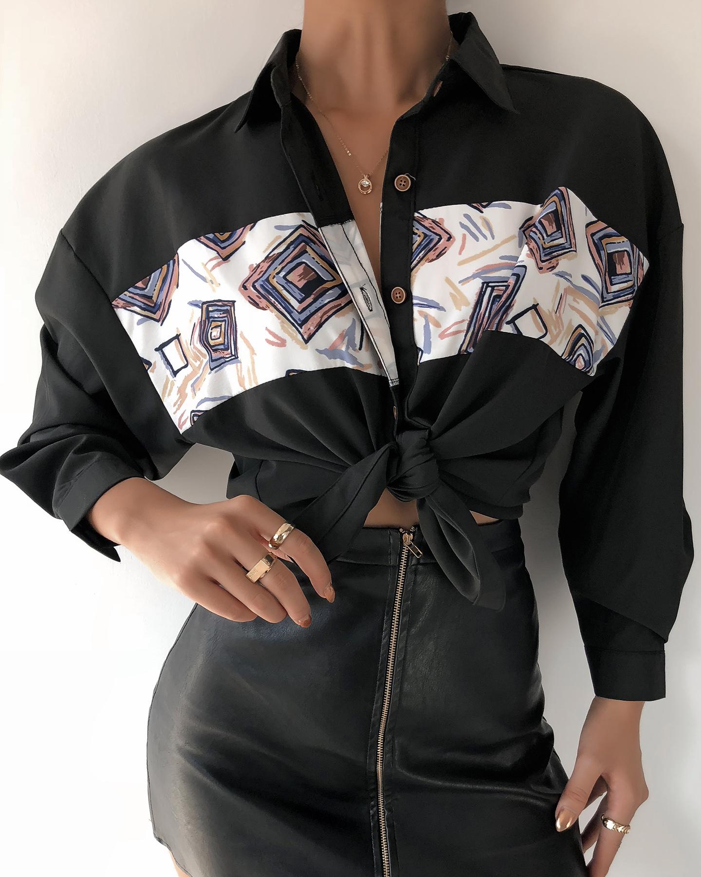 

Colorblock Long Sleeve Casual Shirt, Black