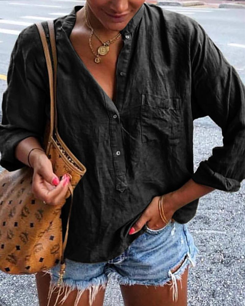 

Long Sleeve Half Button Shirt, Black