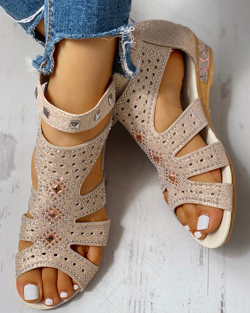 

Studded Cut Out Wedge Sandals, Beige