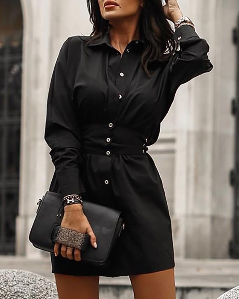 

Buttoned Solid Turn-Down Collar Shirt Dress, Black