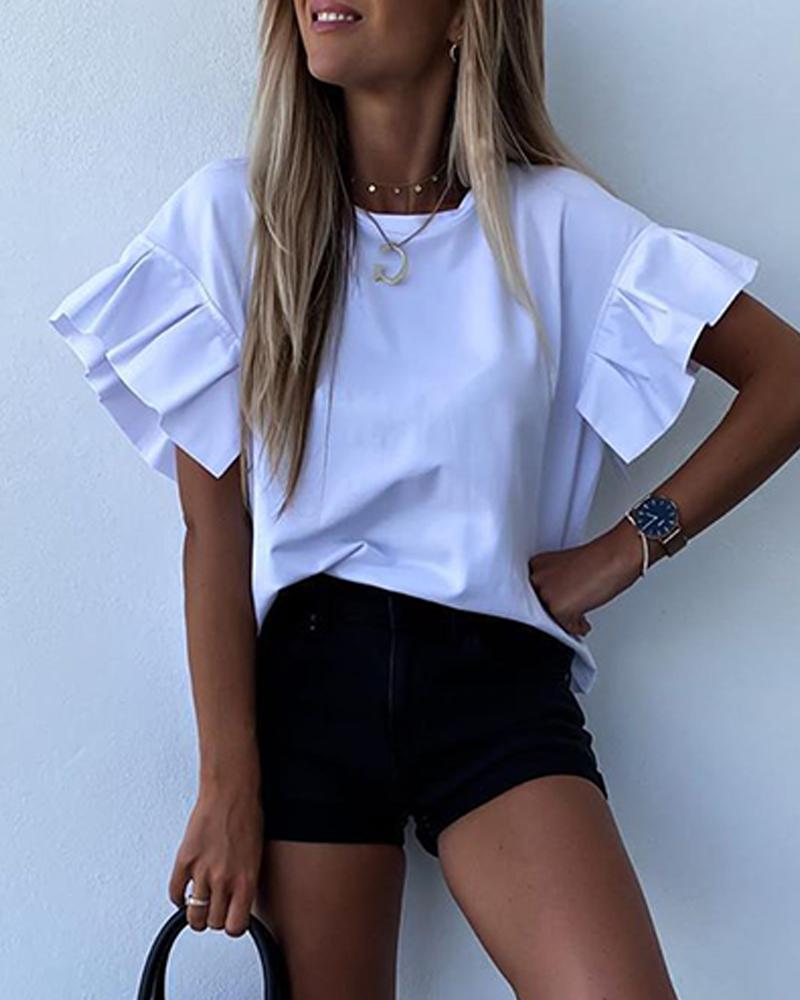 

Round Neck Ruffle Sleeve Top, White