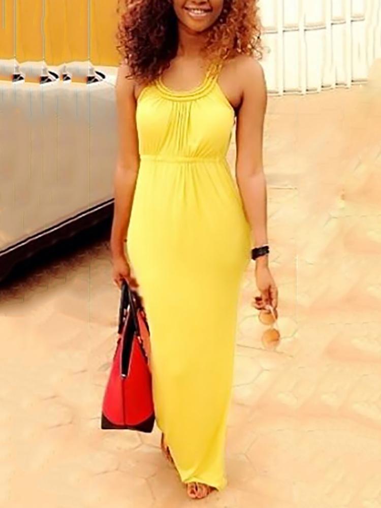 

Stylish Solid Shirring Waist Maxi Slip Dress, Yellow