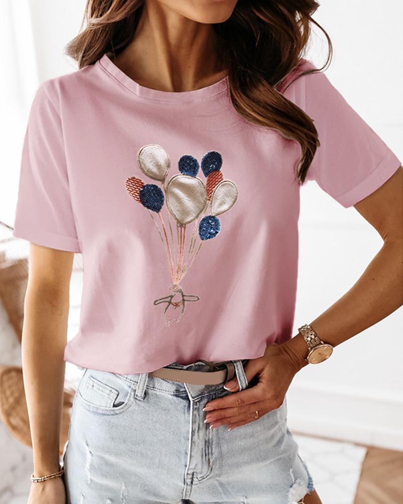 

Sequins Embroidery Balloon Pattern Casual T-shirt, Pink
