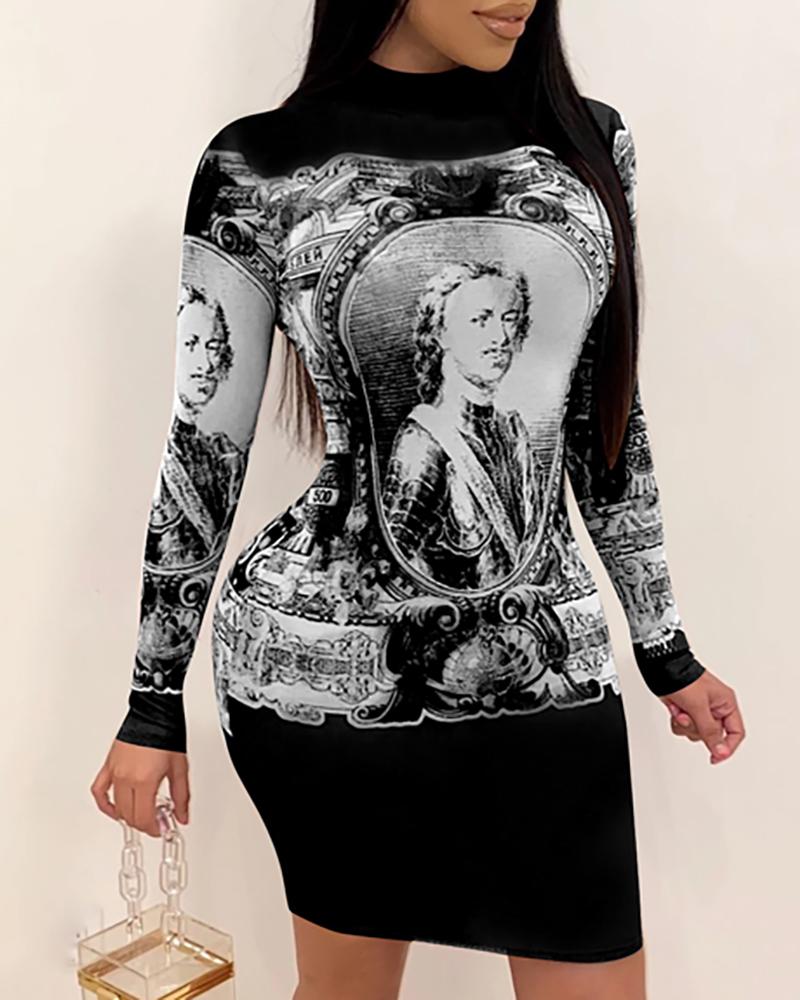 

Print Long Sleeve Bodycon Dress, Black
