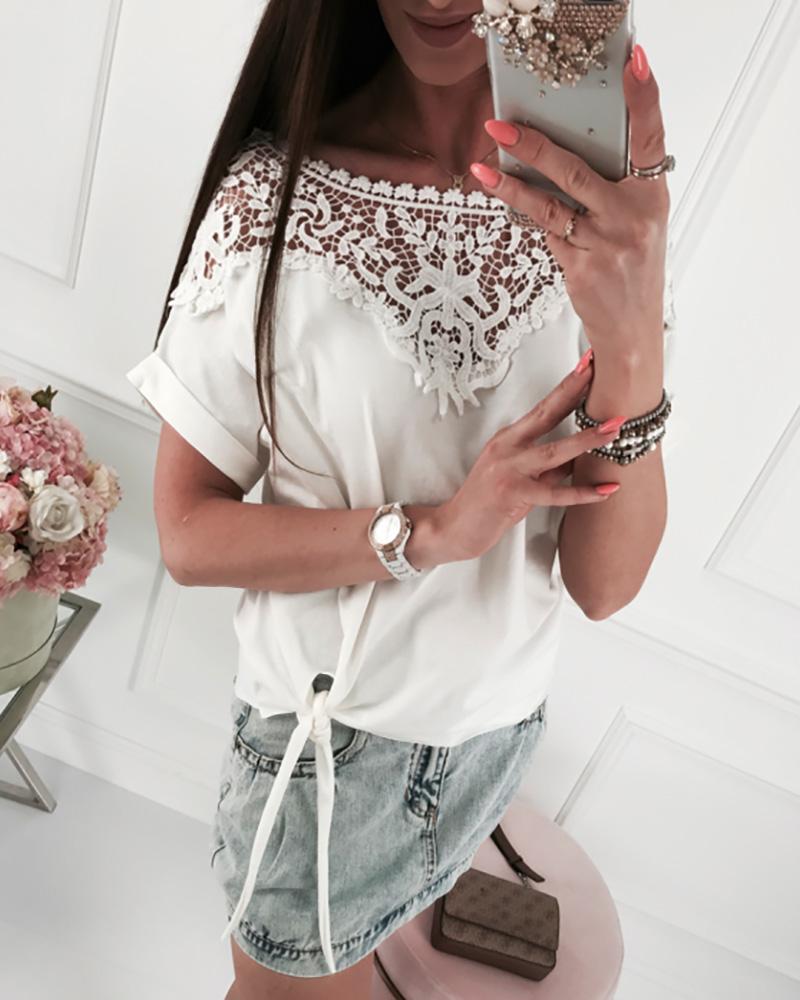 

Crochet Lace Yoke Short Sleeve Blouse, White