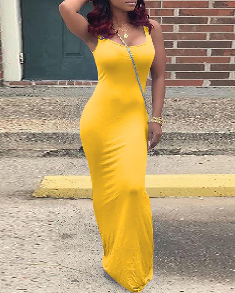 

Solid Color Tank Casual Maxi Dress, Yellow