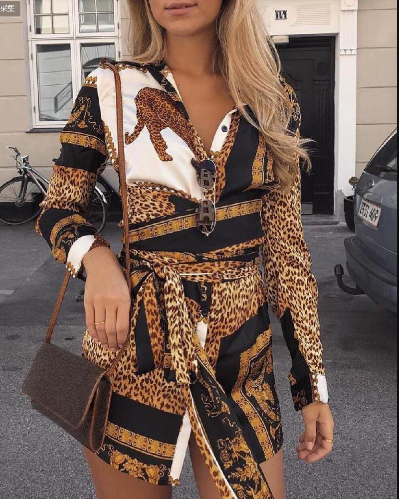 

Leopard Print Long Sleeve Shirt Dress, Brown