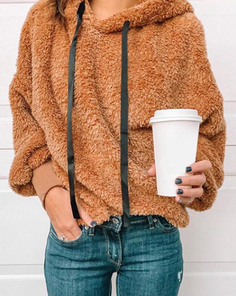 

Solid Hooded Teddy Pullover, Brown