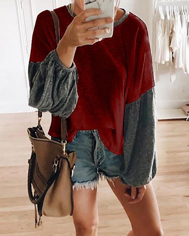 

Lantern Sleeve Colorblock Panel Top, Wine red