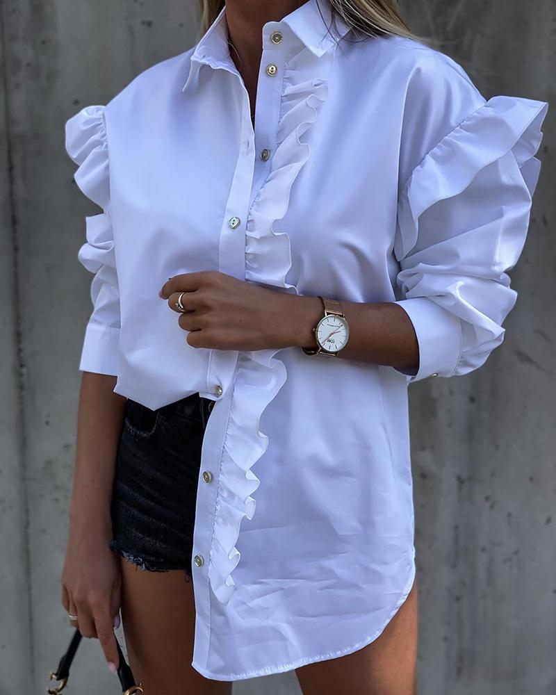 

Solid Color Ruffles Long Sleeve Blouse, White