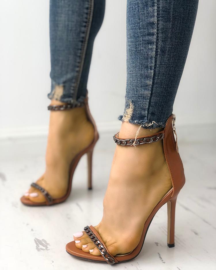 

Chain Embellished Ankle Strap Stiletto Sandals, Brown