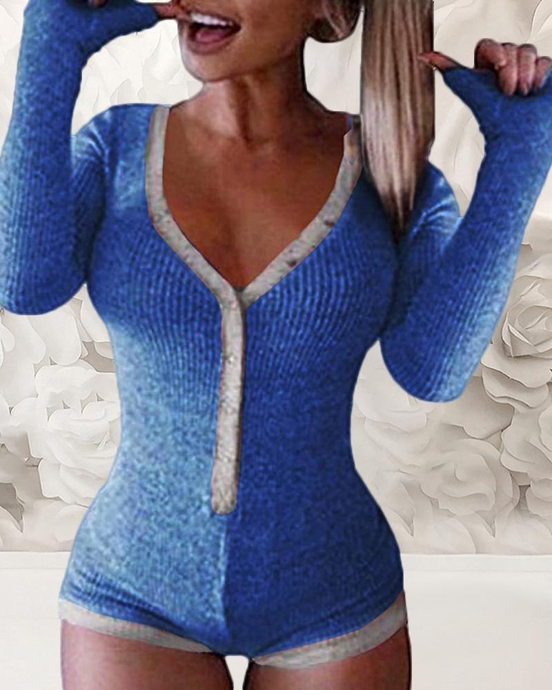 

Contrast Binding V-neck Button Design Long Sleeve Romper, Blue