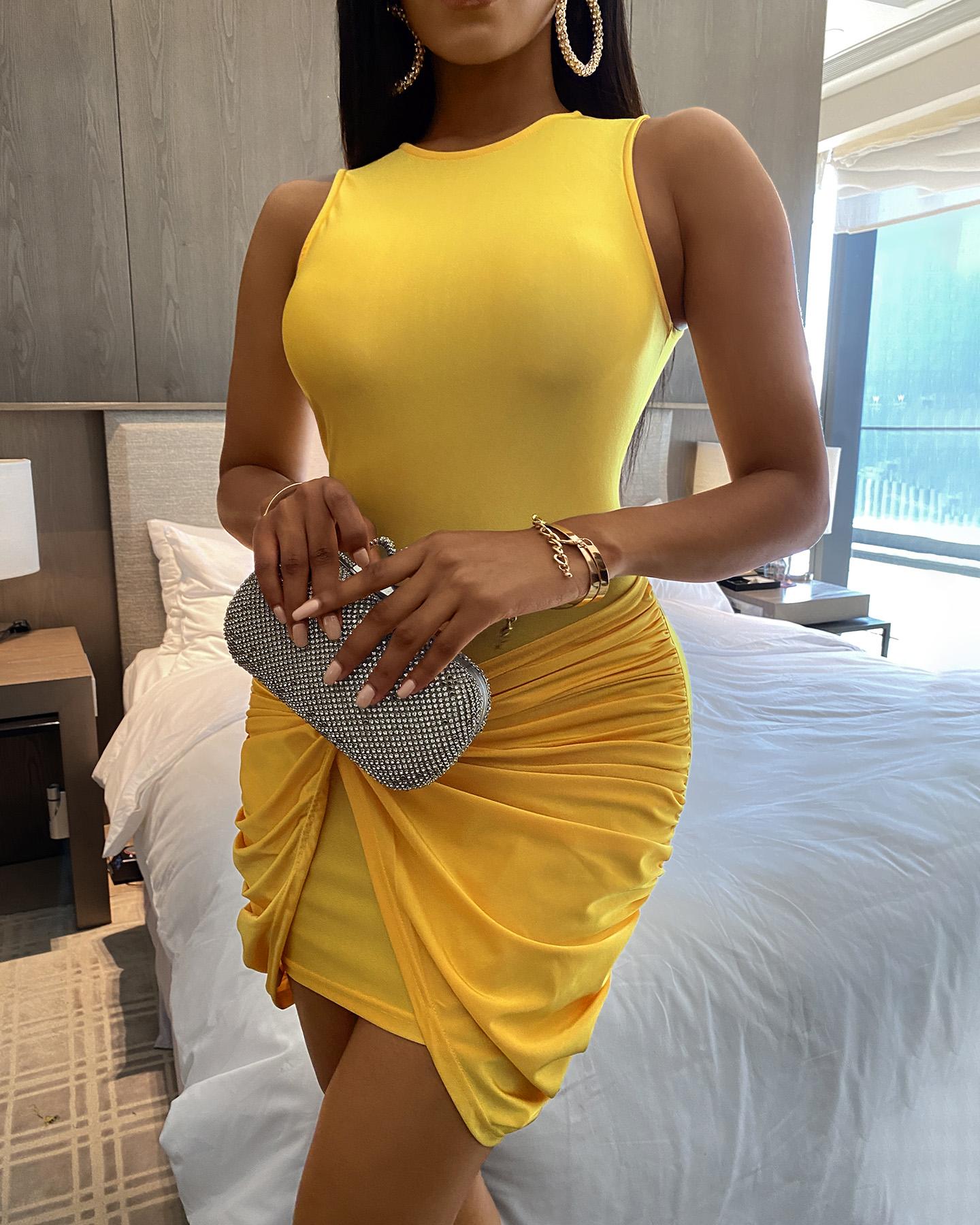 

Solid Sleeveless Ruched Slit Dress, Yellow