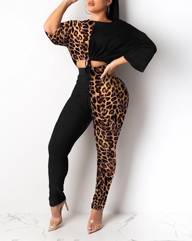 

Colorblock Insert Leopard Crop Top & Pants Sets, Black