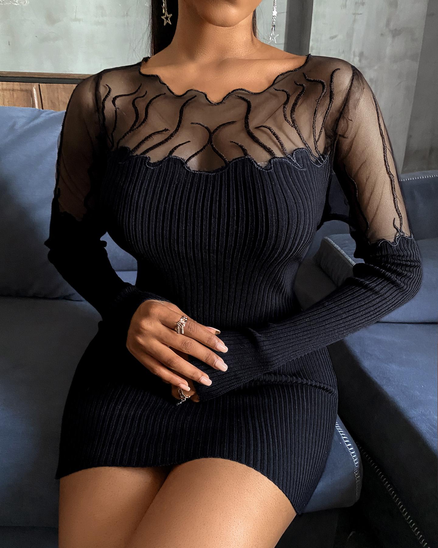 

Sheer Mesh Lace Plain Knit Bodycon Dress, Black