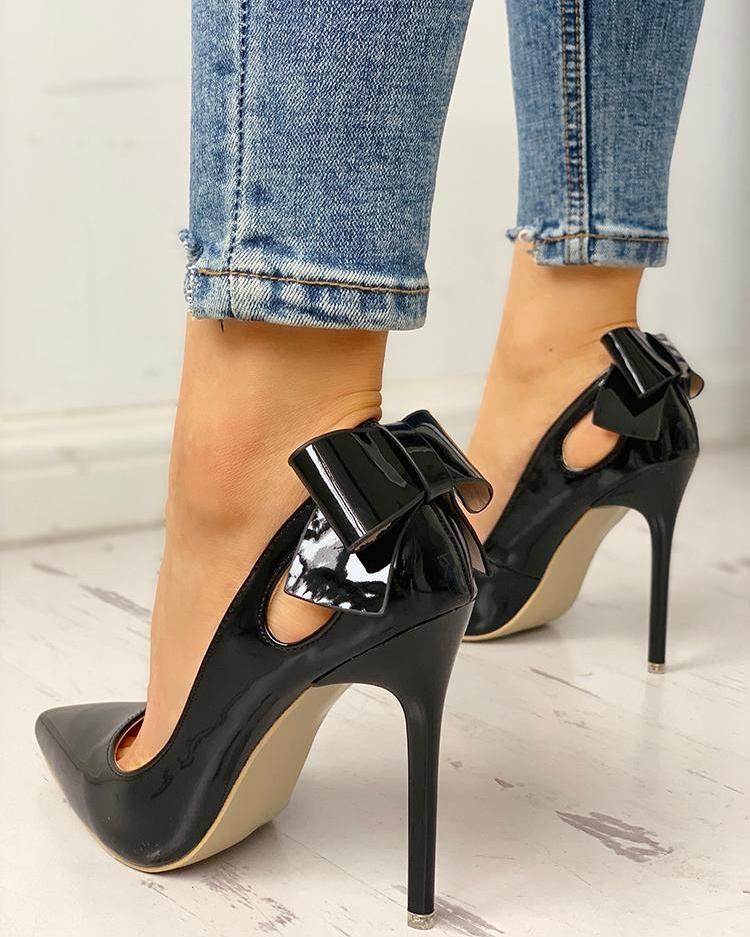 

Pointed Toe Bowknot Cutout Thin Heels, Black