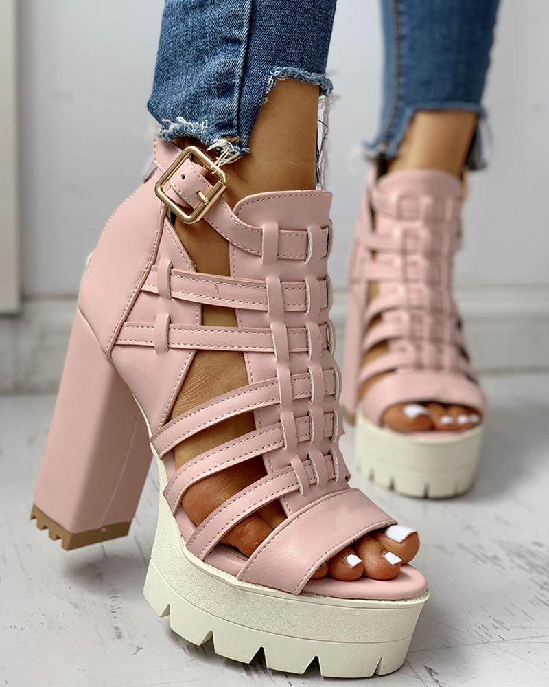 

Hollow Out Platform Chunky Heeled Sandals, Pink