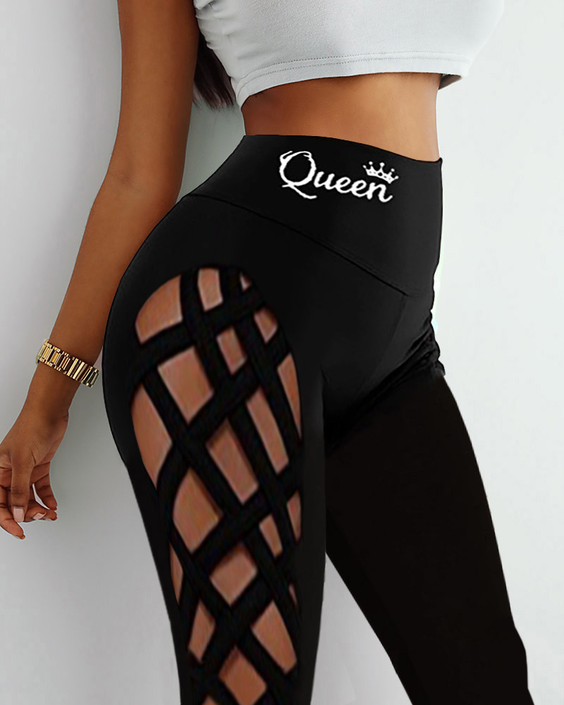 

Letter Print Cutout Bandage High Waist Pants, Black