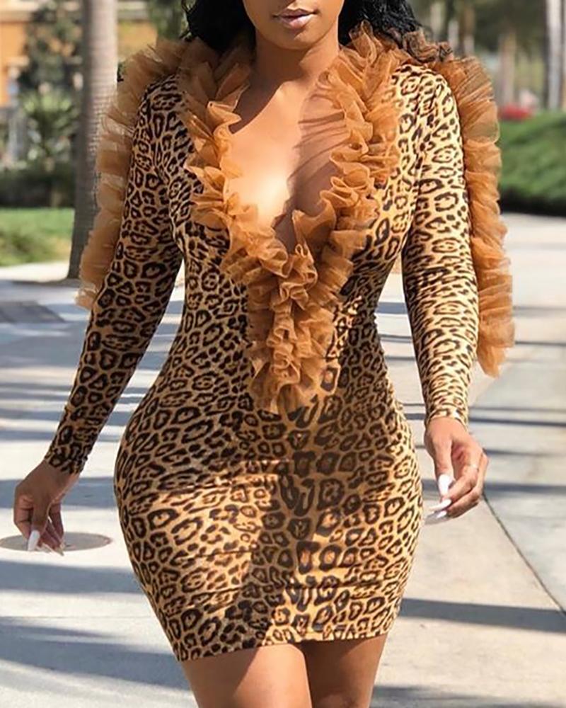 

V-Neck Frill Mesh Insert Long Sleeve Leopard Bodycon Dress, Brown