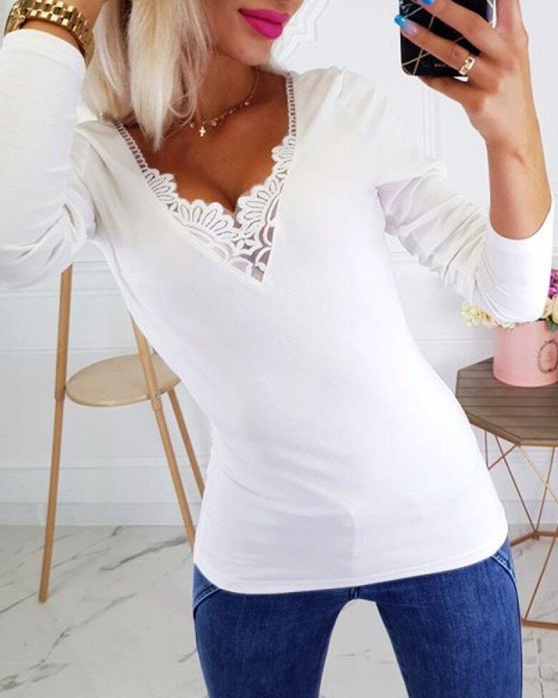 

Solid Lace Patchwork Long Sleeve Casual Blouse, White