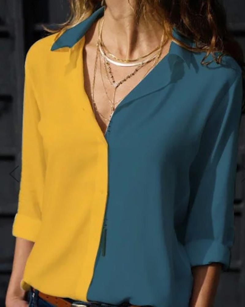 

V-Neck Long Sleeve Contrast Color Shirt, Yellow