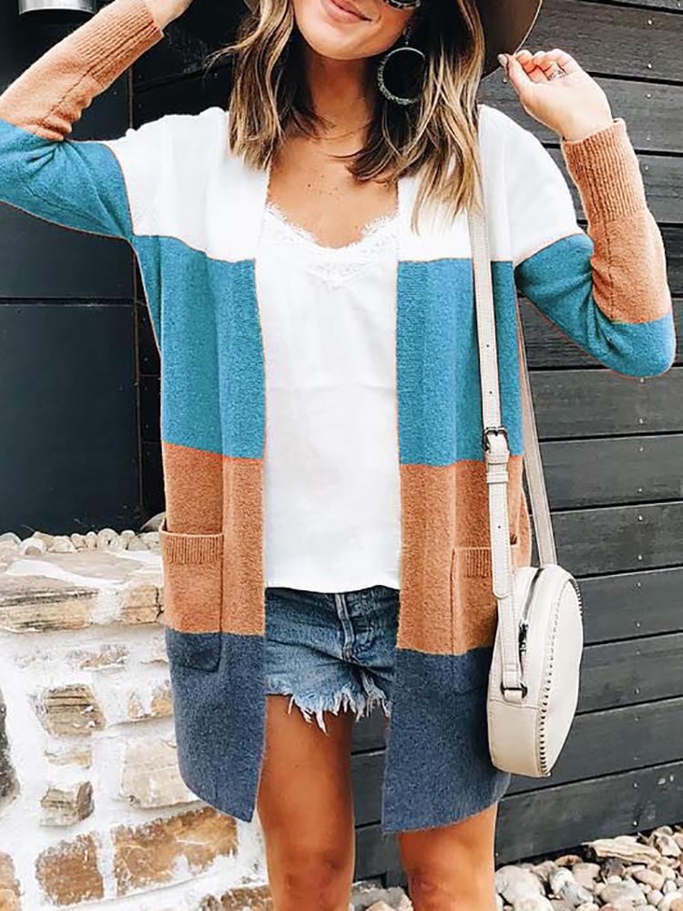 

Colorblock Striped Open Front Casual Cardigan, Beige