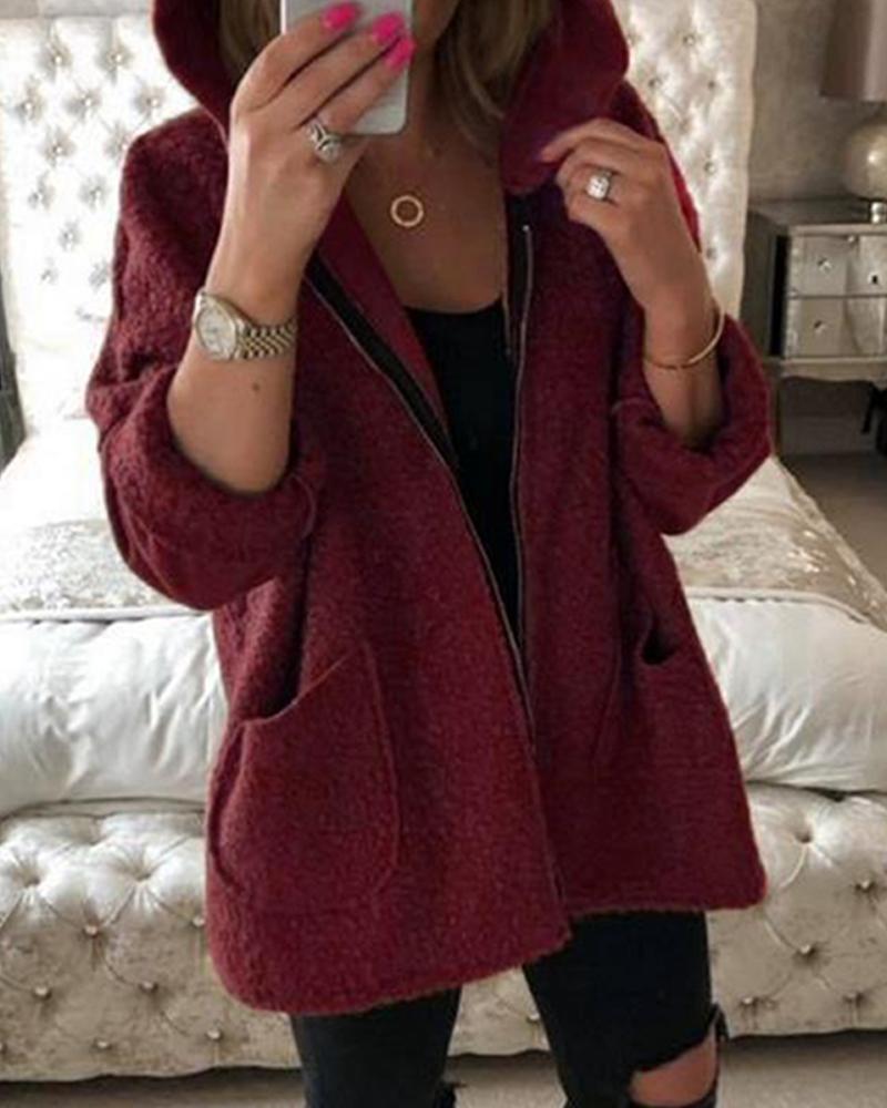 

Hooded Zip Front Casual Coat, Red