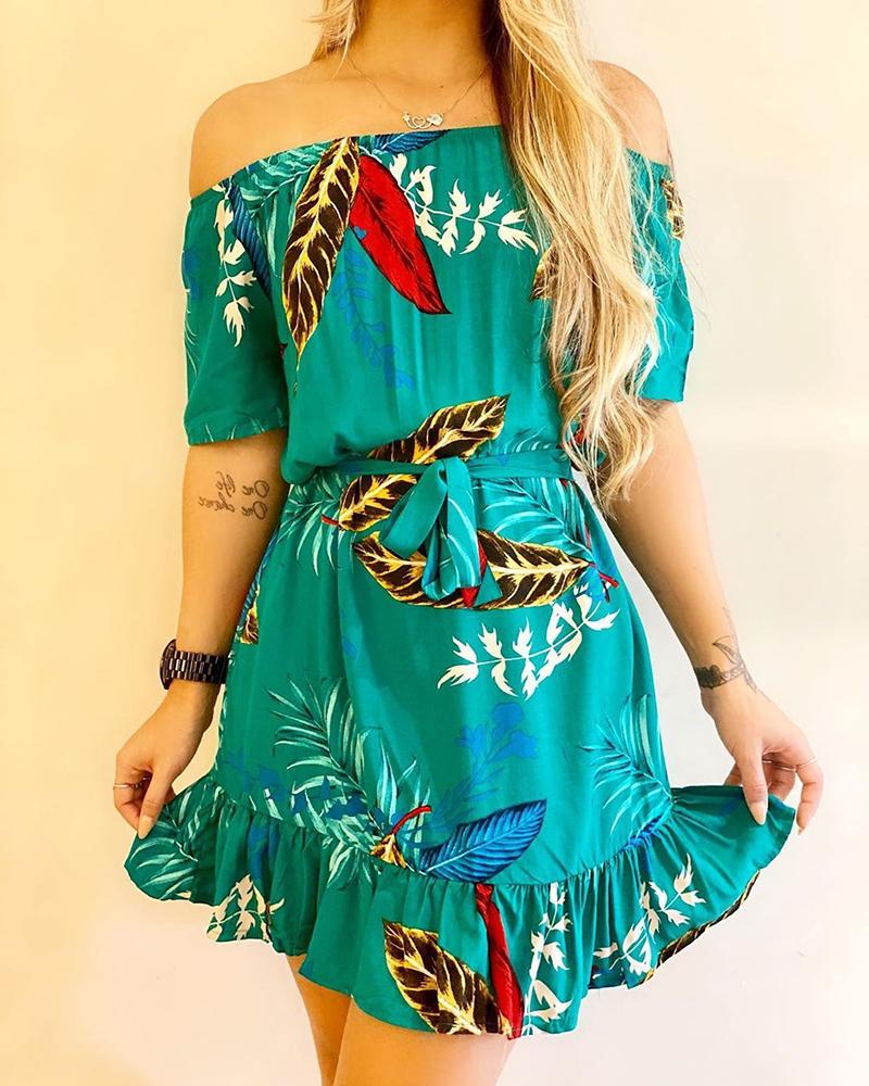 

Off Shoulder Leaf Print Ruffles Casual Dress, Blue