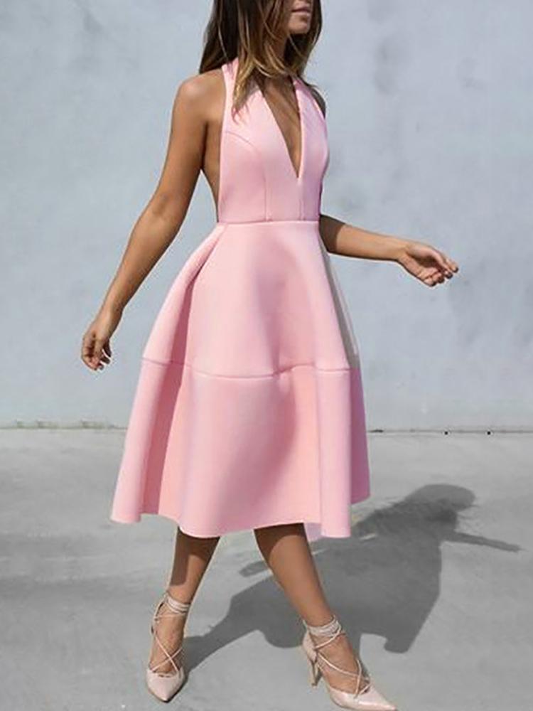 

Plunge Halter Backless Pleated Party Dress, Pink