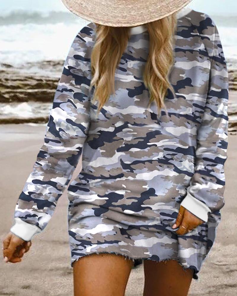 

Camouflage Print Fringe Hem Casual Sweatshirt, Camoflage
