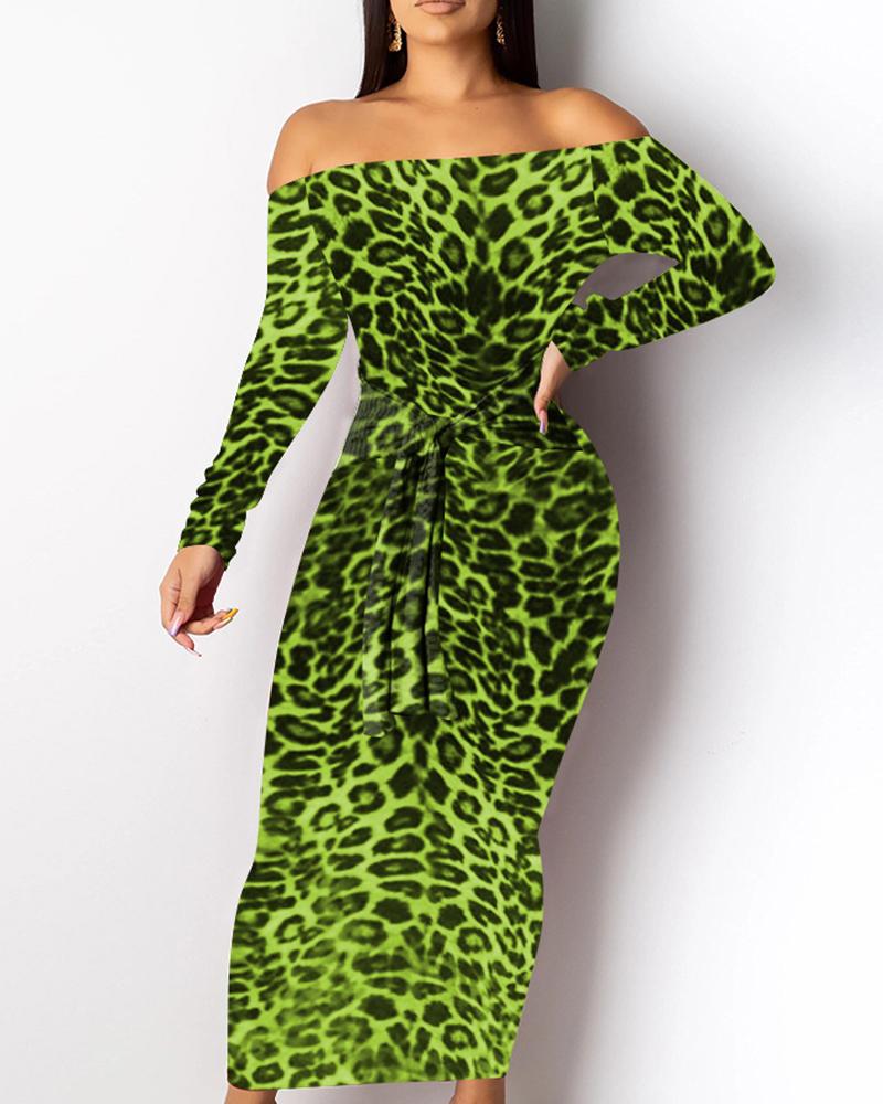 

Off Shoulder Leopard Print Long Sleeve Dress, Green