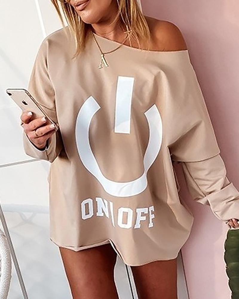 

Letter Print Long Sleeve Casual T-shirt, Apricot