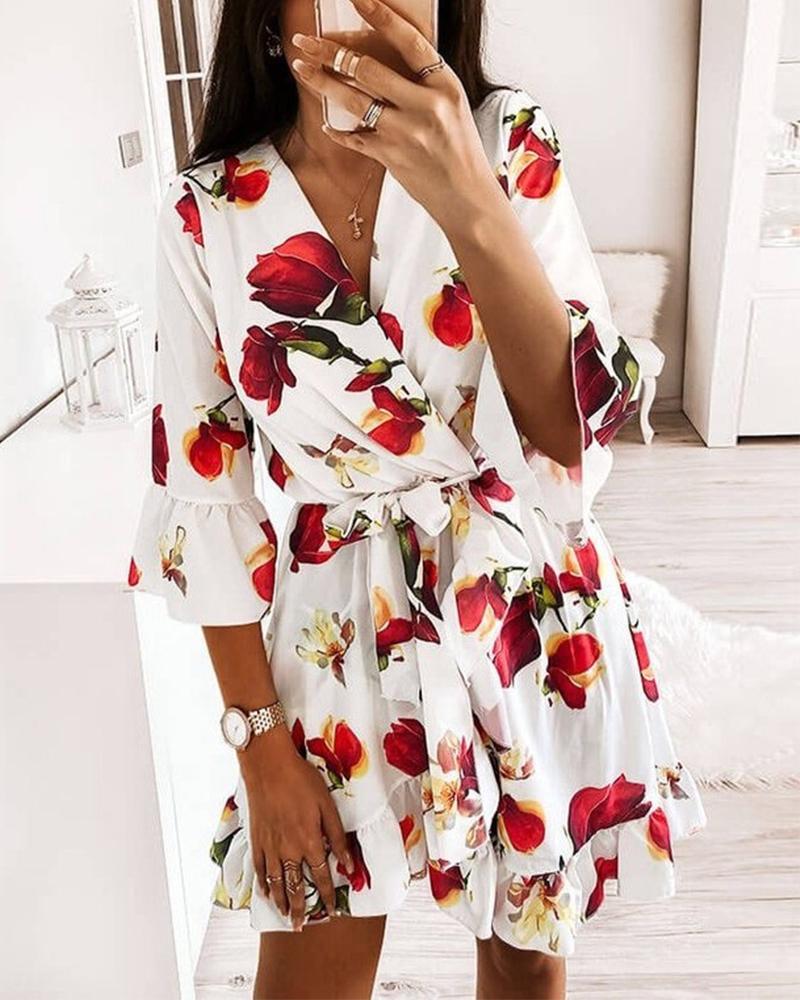 

Floral Print Wrap Mini Dress, White