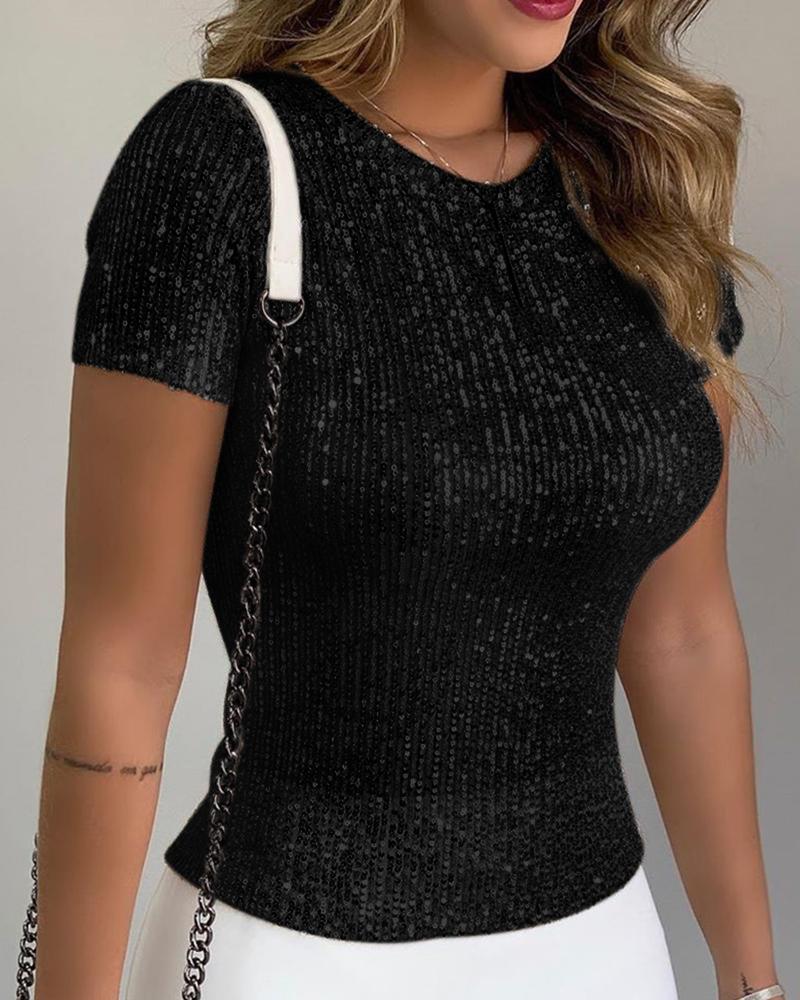 

Glitter Short Sleeve Round Neck Sequins Blouse, Black