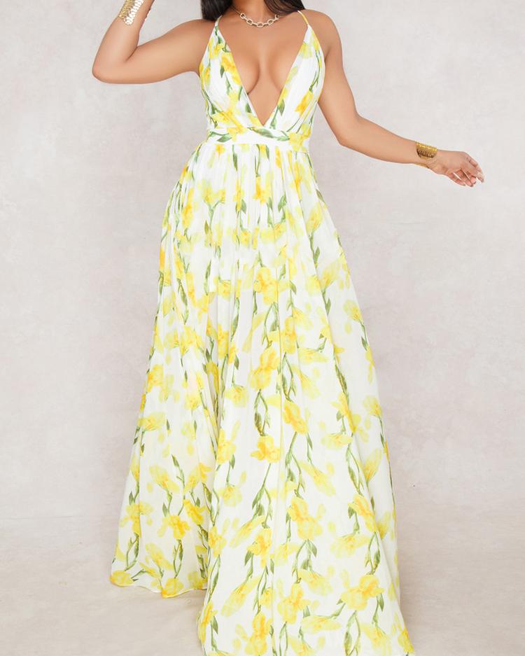 

Floral Print Pleated Backless Slip Maxi Dress, White