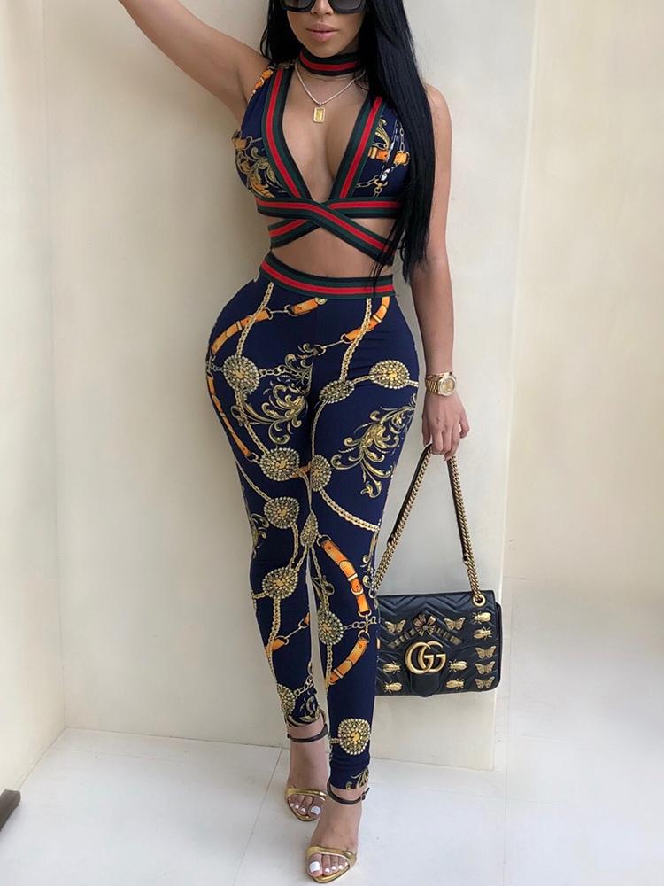 

Digital Print Striped Choker V Slinky Pants Set