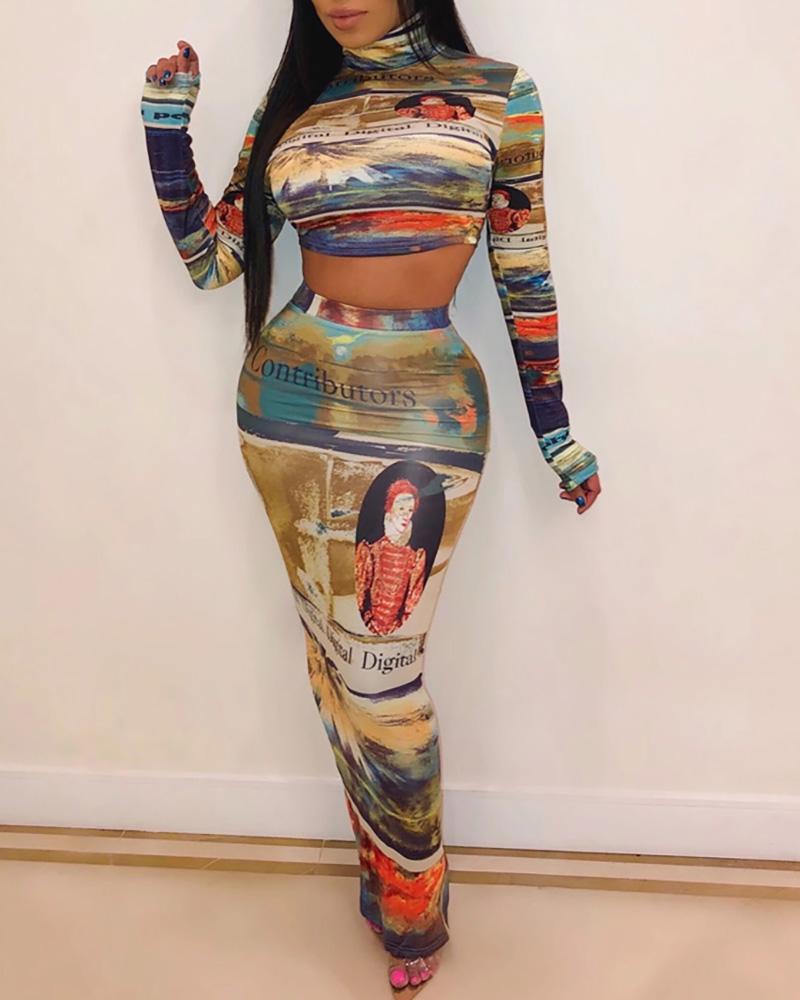 

Retro Print Crop Top & Skirt Sets, Multicolor