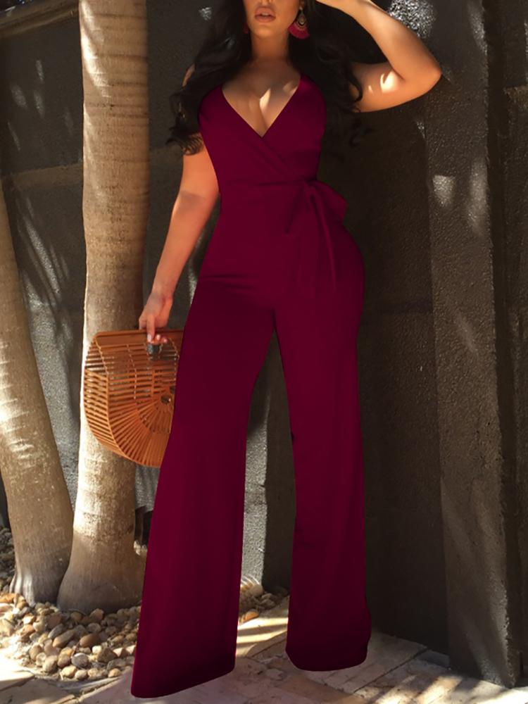 

Oversize Halter Backless Belted Deep V Wrap Jumpsuit, Wine red