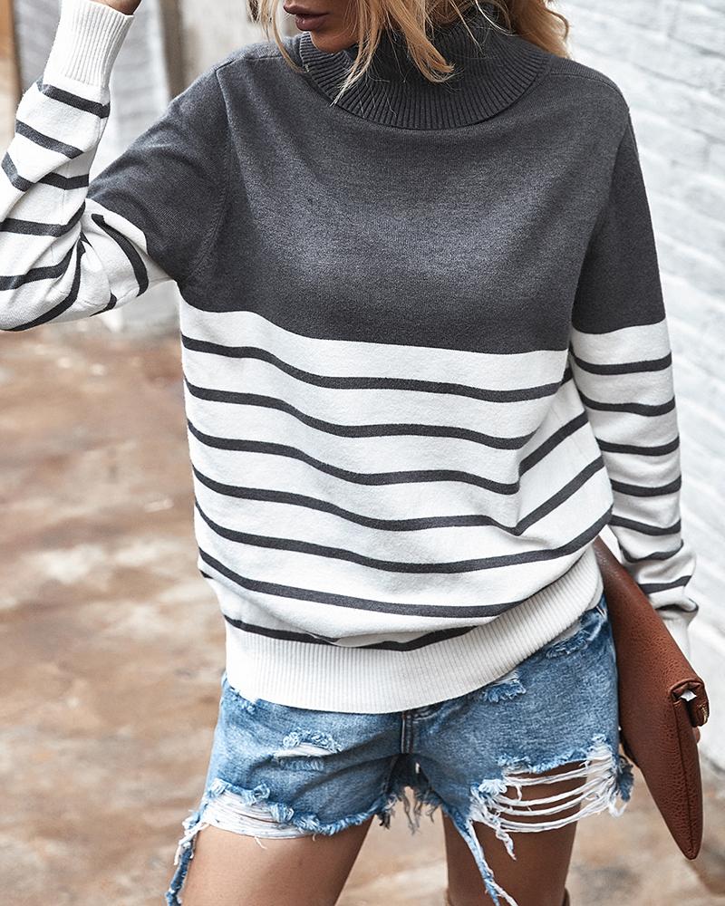 

Striped Colorblock High Neck Sweater, Gray